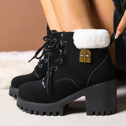 Fiorelle Women's Frosted Plush Combat Boot - Winter Lace-Up Ankle Boots with Block Heel & Commuter-Ready Grip (US 4-10)