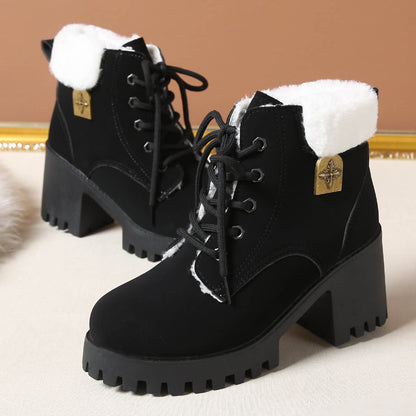 Fiorelle Women's Frosted Plush Combat Boot - Winter Lace-Up Ankle Boots with Block Heel & Commuter-Ready Grip (US 4-10)