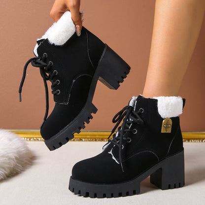 Fiorelle Women's Frosted Plush Combat Boot - Winter Lace-Up Ankle Boots with Block Heel & Commuter-Ready Grip (US 4-10)