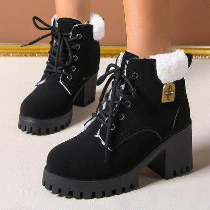Fiorelle Women's Frosted Plush Combat Boot - Winter Lace-Up Ankle Boots with Block Heel & Commuter-Ready Grip (US 4-10)
