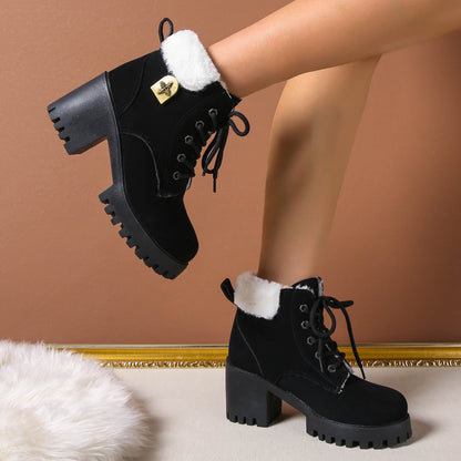 Fiorelle Women's Frosted Plush Combat Boot - Winter Lace-Up Ankle Boots with Block Heel & Commuter-Ready Grip (US 4-10)