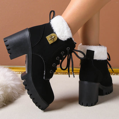 Fiorelle Women's Frosted Plush Combat Boot - Winter Lace-Up Ankle Boots with Block Heel & Commuter-Ready Grip (US 4-10)