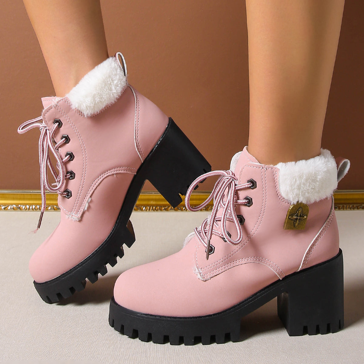 Fiorelle Women's Frosted Plush Combat Boot - Winter Lace-Up Ankle Boots with Block Heel & Commuter-Ready Grip (US 4-10)