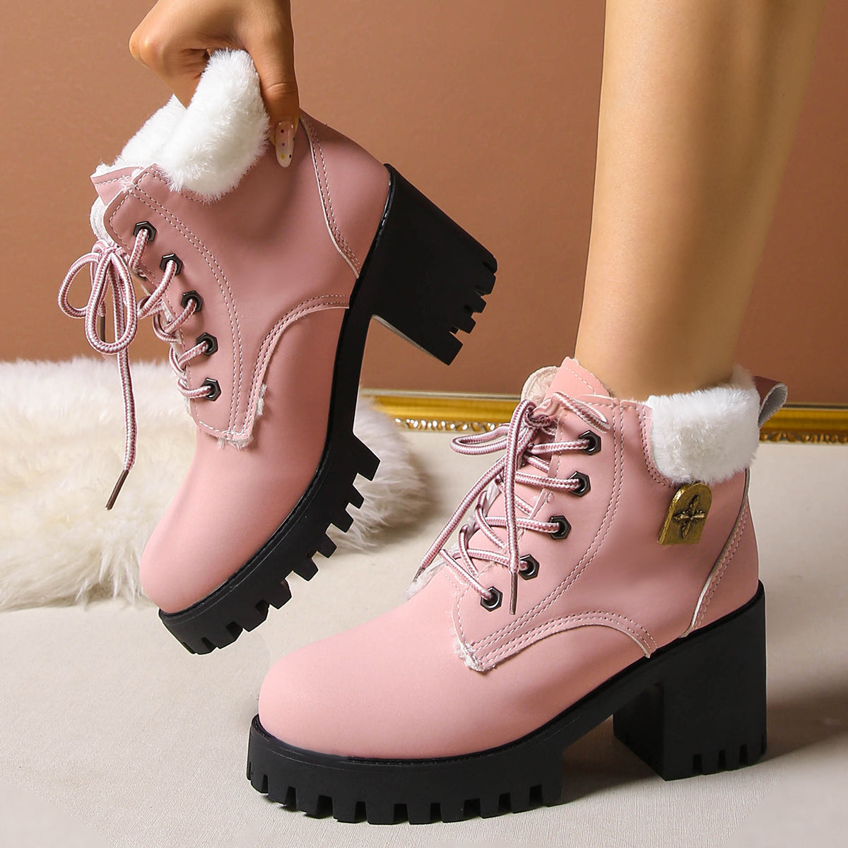 Fiorelle Women's Frosted Plush Combat Boot - Winter Lace-Up Ankle Boots with Block Heel & Commuter-Ready Grip (US 4-10)