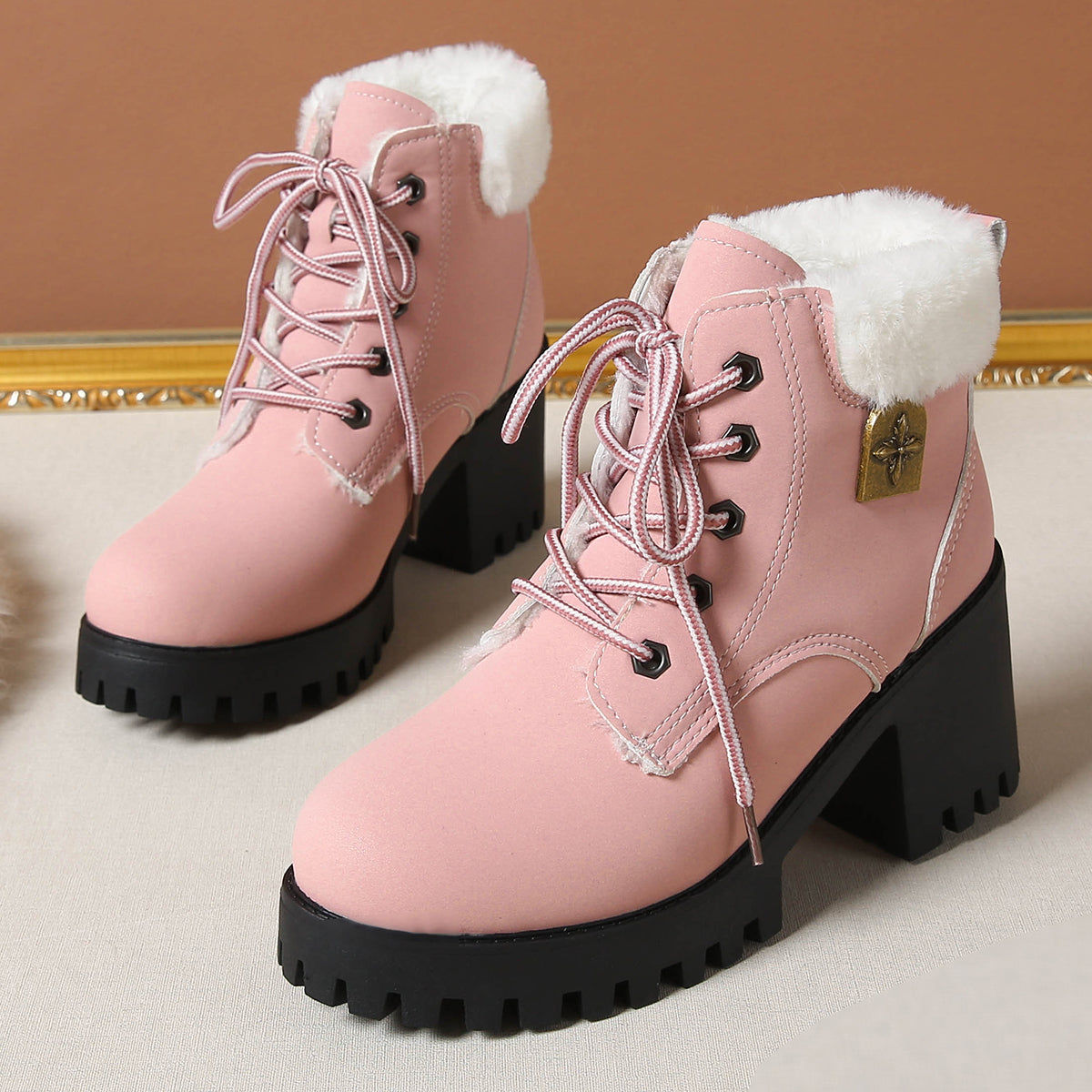 Fiorelle Women's Frosted Plush Combat Boot - Winter Lace-Up Ankle Boots with Block Heel & Commuter-Ready Grip (US 4-10)