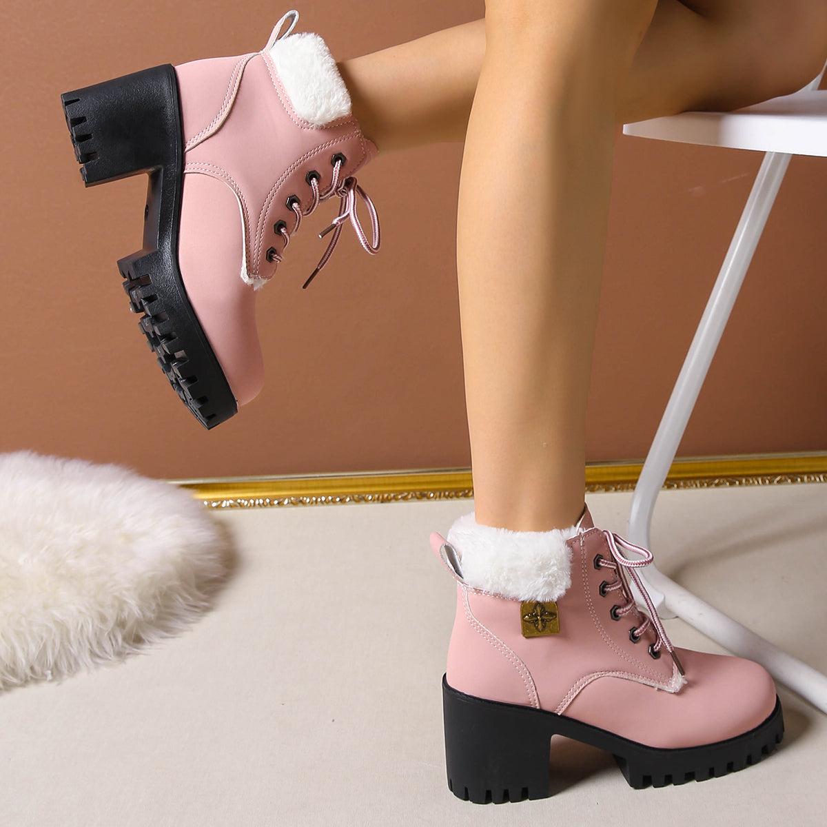 Fiorelle Women's Frosted Plush Combat Boot - Winter Lace-Up Ankle Boots with Block Heel & Commuter-Ready Grip (US 4-10)