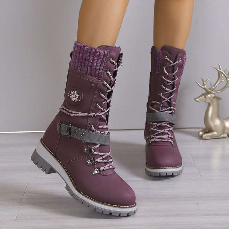 Fiorelle Women's Nordic Knit Combat Boot - High-Shaft Thermal Cotton Lined Snow Boots with Block Heel & Leather Accents Design (US 5-10.5)