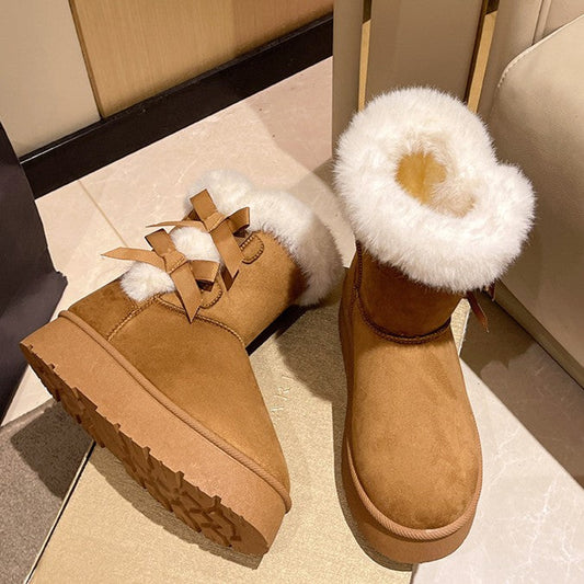 Fiorelle Women's Bow-Knit Cozy Winter Boots - Shearling Lined Chunky Platform Snow Boots (US 5-9.5)
