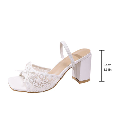 Fiorelle Women’s Elarise Lace Bow Block Heel Square Toe Sandals – Chunky Heel Dress Slides (US 4–10.5)