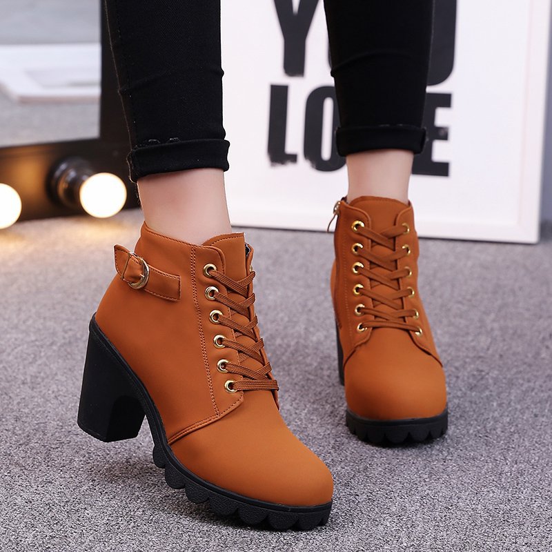 Fiorelle Women's Buckle Decorated Chunky Heel Ankle Boots - Side Zipper & Lace-Up Round Toe Mid-Calf Equestrian Boots (US 4-10)