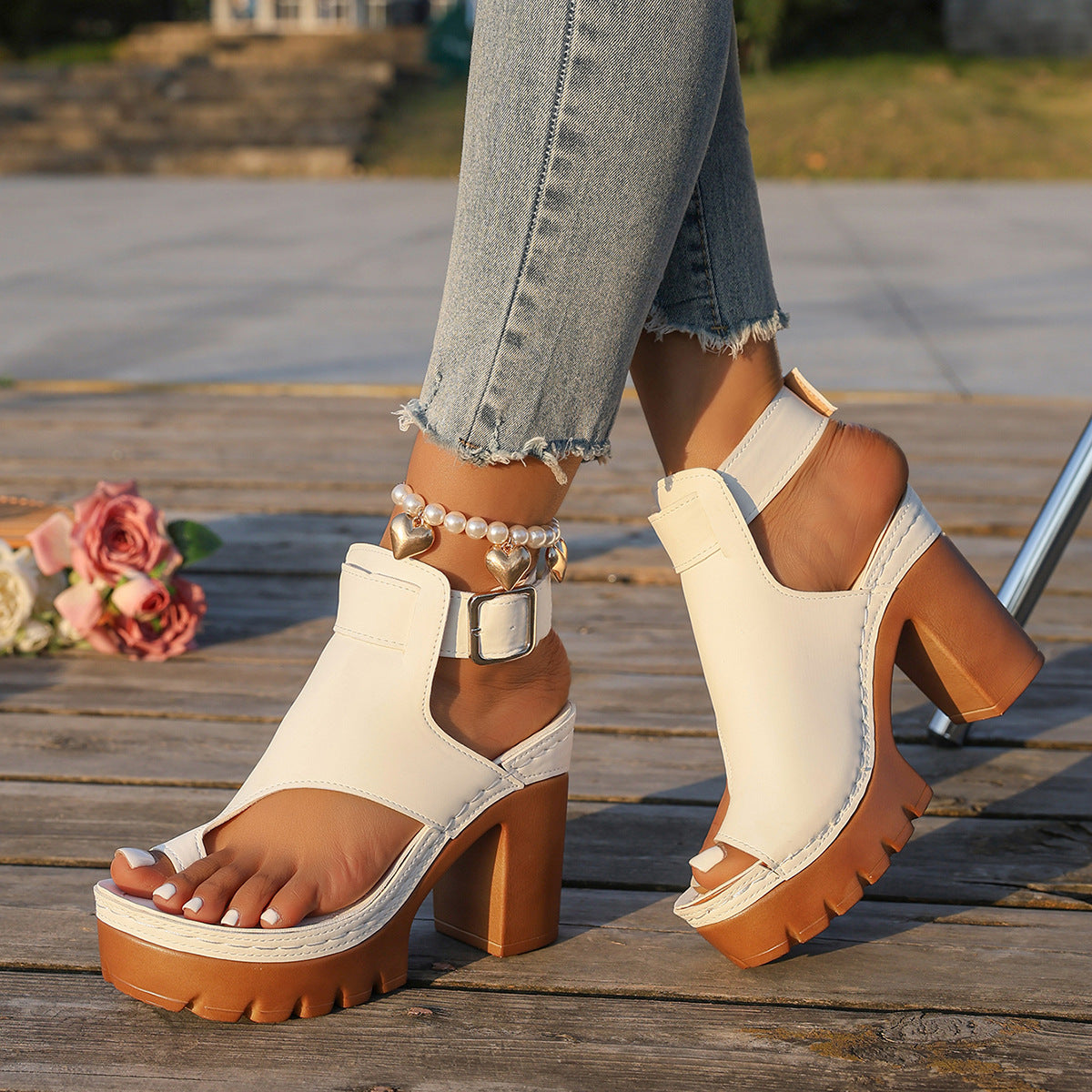 Fiorelle Women's Capri Peep-Toe Toe Ring Platform Chunky Sandals – Buckle Strap Ultra-High Heel Beach Slides (US 5–10.5)