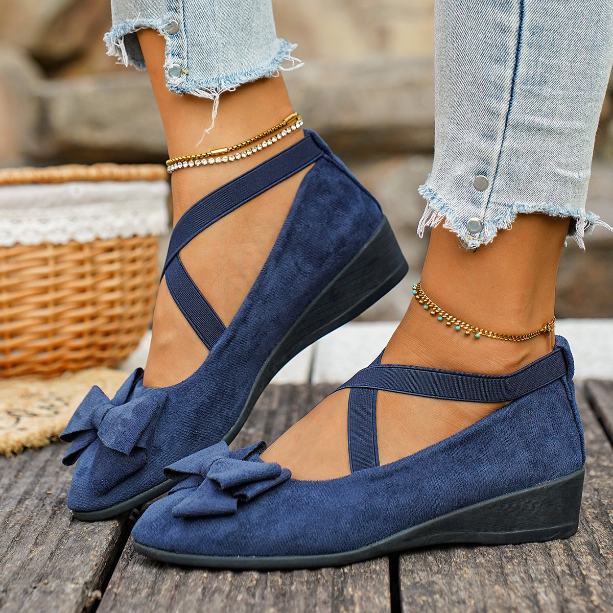 Fiorelle Women’s Elara Bow Suede Wedge Loafers – Elastic Cross-Strap Comfort Slip-Ons (US 5–10.5)