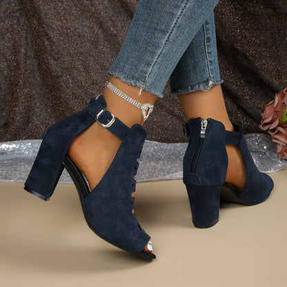 Fiorelle Women's Odette Suede Peep-Toe Cutout Bootie Sandals – Buckle Strap Chunky Heel Sophisticated Boot Sandals (US 3.5–11.5)