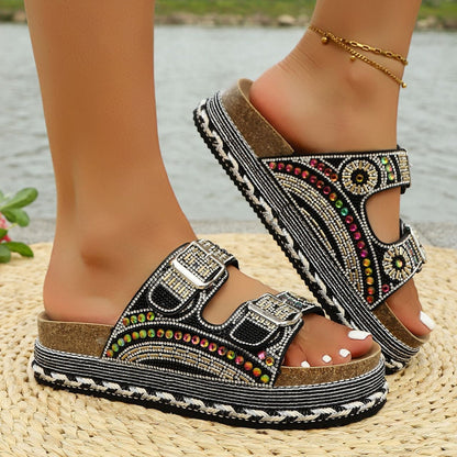 Fiorelle Women’s Calyra Rhinestone Platform Slide Sandals – Boho Metallic Buckle Rope Detail Resort Slides (US 5–10.5)