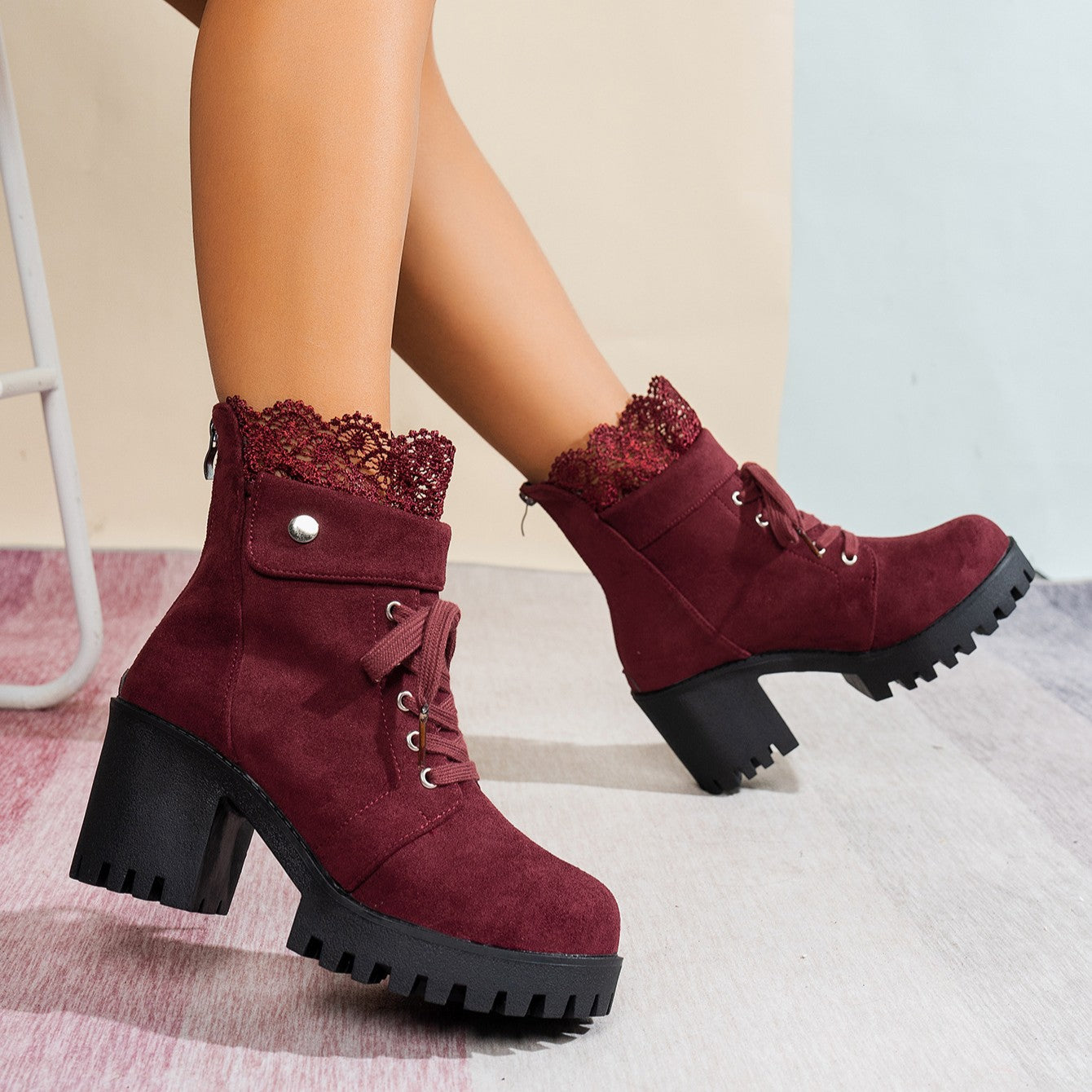 Fiorelle Women's Lace & Suede Heeled Boots - Chunky Heel Round Toe Vintage Ankle Boots (US 5-10.5)