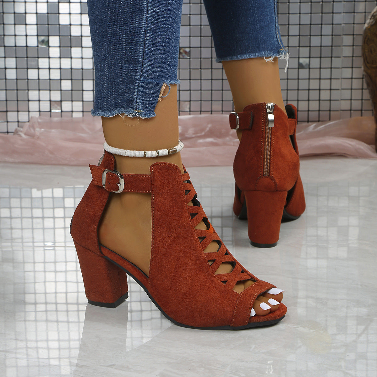 Fiorelle Women's Odette Suede Peep-Toe Cutout Bootie Sandals – Buckle Strap Chunky Heel Sophisticated Boot Sandals (US 3.5–11.5)