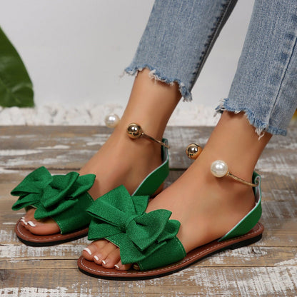 Fiorelle Women’s Serelle Pearl Bow Flat Slides – Minimalist Ankle Strap Casual Sandals (US 5–10.5)