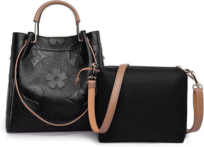 Fiorelle Women's Grain & Grace Bucket Bag - Vintage Embossed Carryall with Detachable Pouch for Women | Textured Leather Mother-Daughter Tote