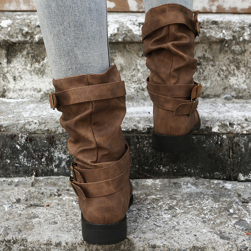 Fiorelle Women's Matte PU Buckle-Detailed Slouch Boots - Crushed Texture Stacked Mid-Calf Flat Boots (US 5-10.5)