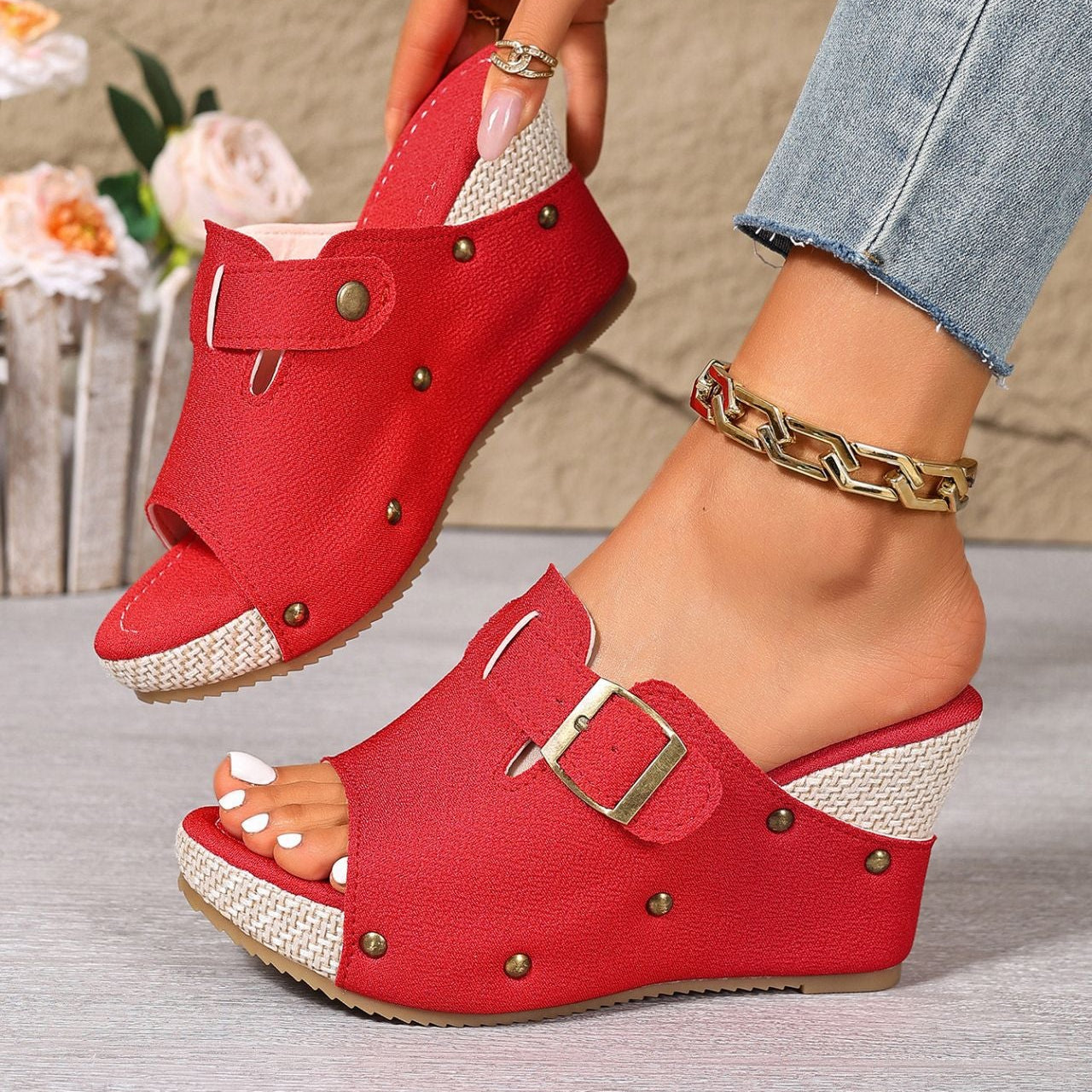Fiorelle Women’s Sable Rivet Velcro Platform Wedge Sandals – Chunky Studded Slides with Adjustable Strap (US 4–10.5)