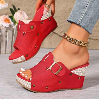 Fiorelle Women’s Sable Rivet Velcro Platform Wedge Sandals – Chunky Studded Slides with Adjustable Strap (US 4–10.5)