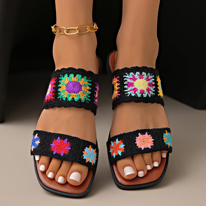 Fiorelle Women’s SunBloom Knit Flat Slides – Square-Toe Boho Embroidered Sandals (US 5–10)