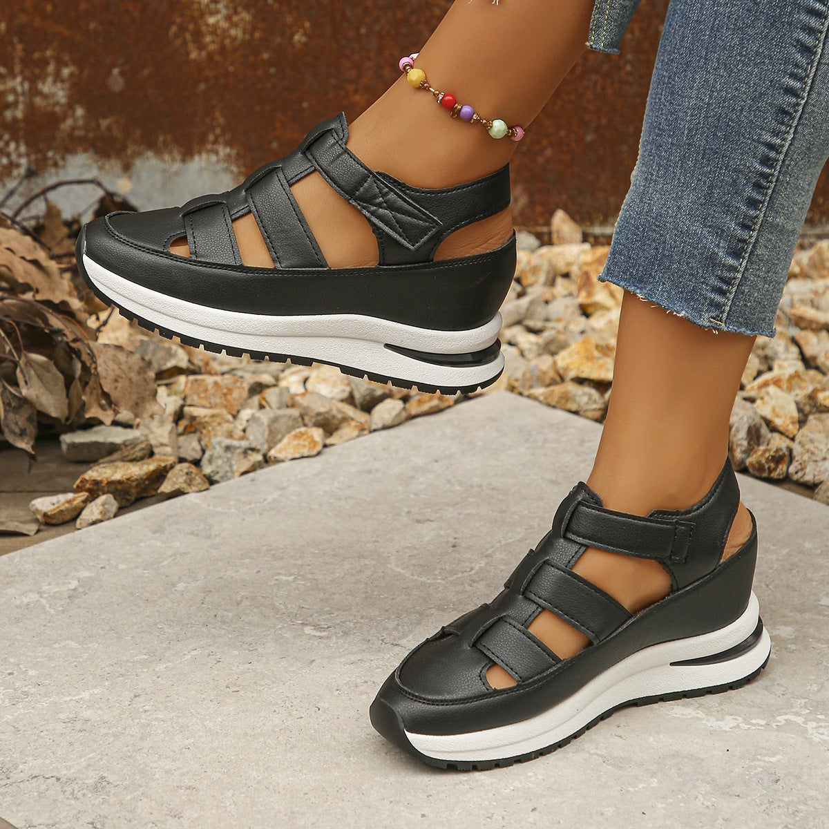 Fiorelle Women's Plus Size Hollow-Out Casual Sandals – Versatile Thin Platform with Height-Boosting Thick Sole