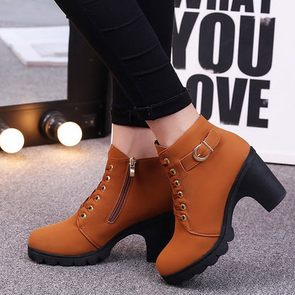 Fiorelle Women's Buckle Decorated Chunky Heel Ankle Boots - Side Zipper & Lace-Up Round Toe Mid-Calf Equestrian Boots (US 4-10)