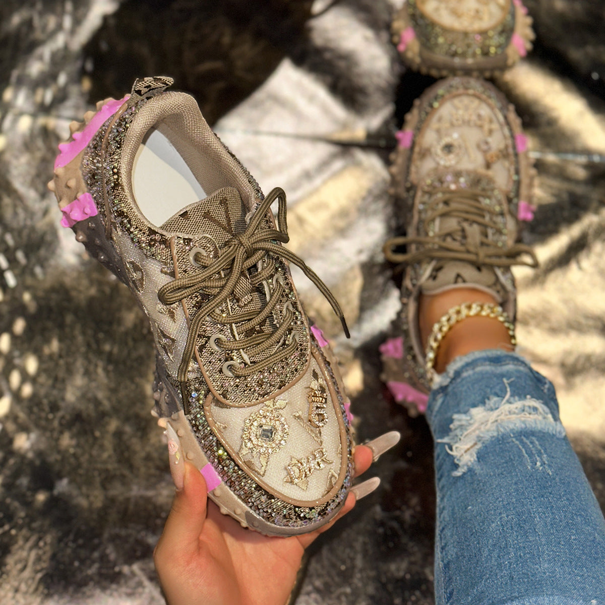 Fiorelle Women’s Lumira Embroidered Letter Mesh Platform Sneakers – Rhinestone Detail Chunky Sole Light Luxury Fashion Sneakers (US 4–10.5)
