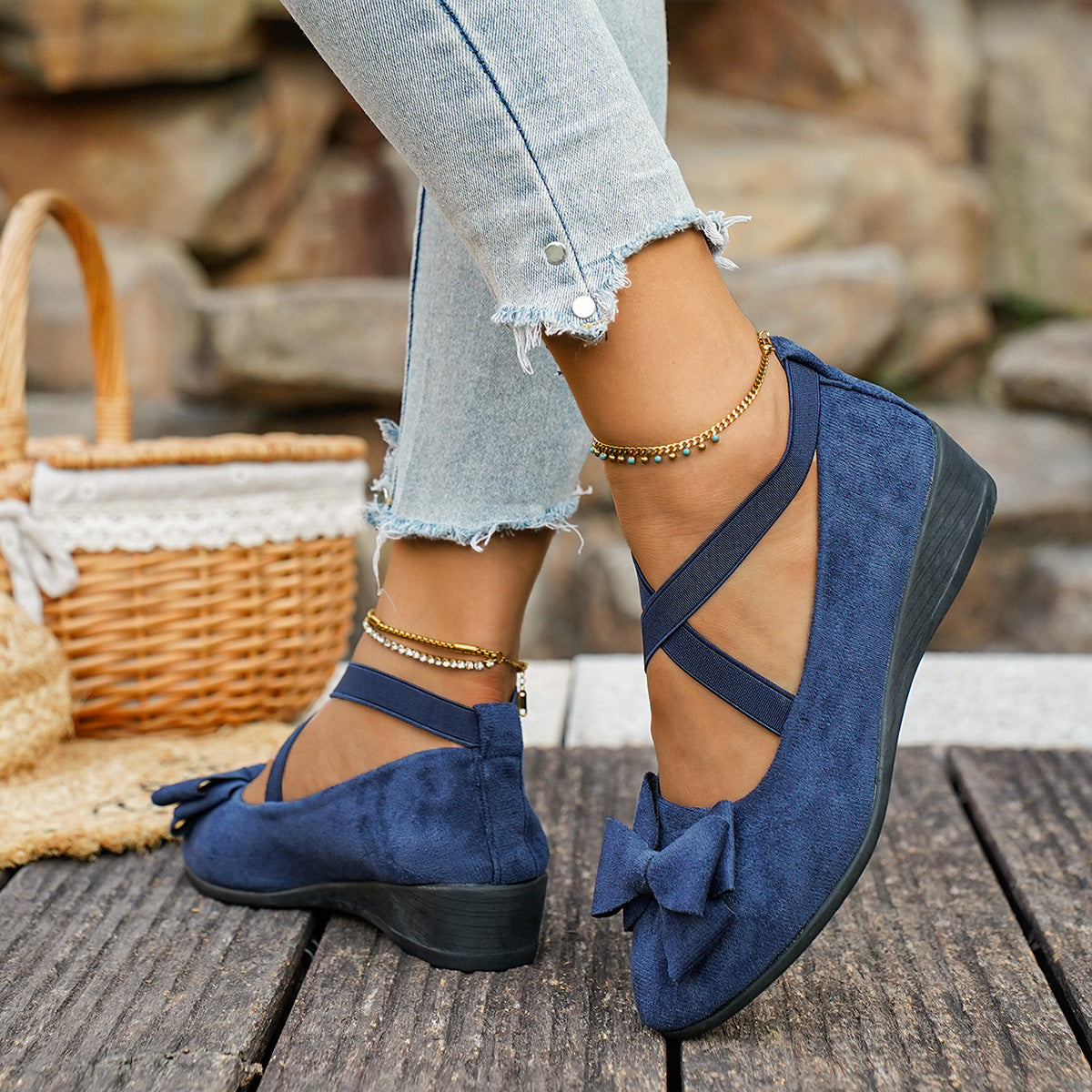 Fiorelle Women’s Elara Bow Suede Wedge Loafers – Elastic Cross-Strap Comfort Slip-Ons (US 5–10.5)