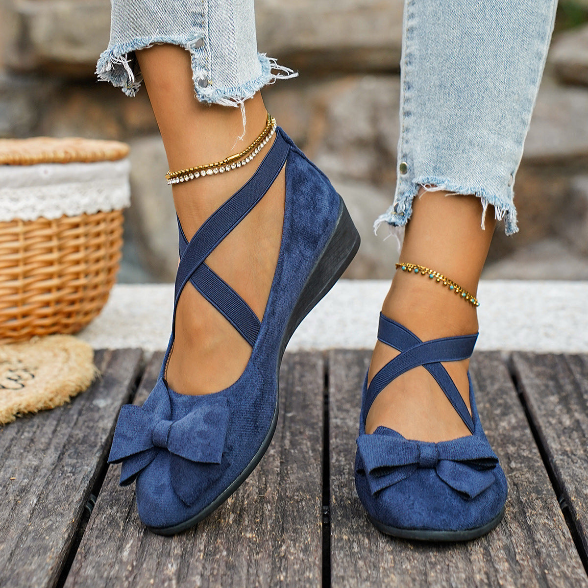 Fiorelle Women’s Elara Bow Suede Wedge Loafers – Elastic Cross-Strap Comfort Slip-Ons (US 5–10.5)