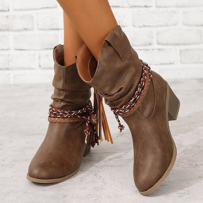 Fiorelle Women's Western Tassel Boots - Braided Buckle Cowboy Ankle Boots with Block Heel & Pointed Toe (US 5-10)