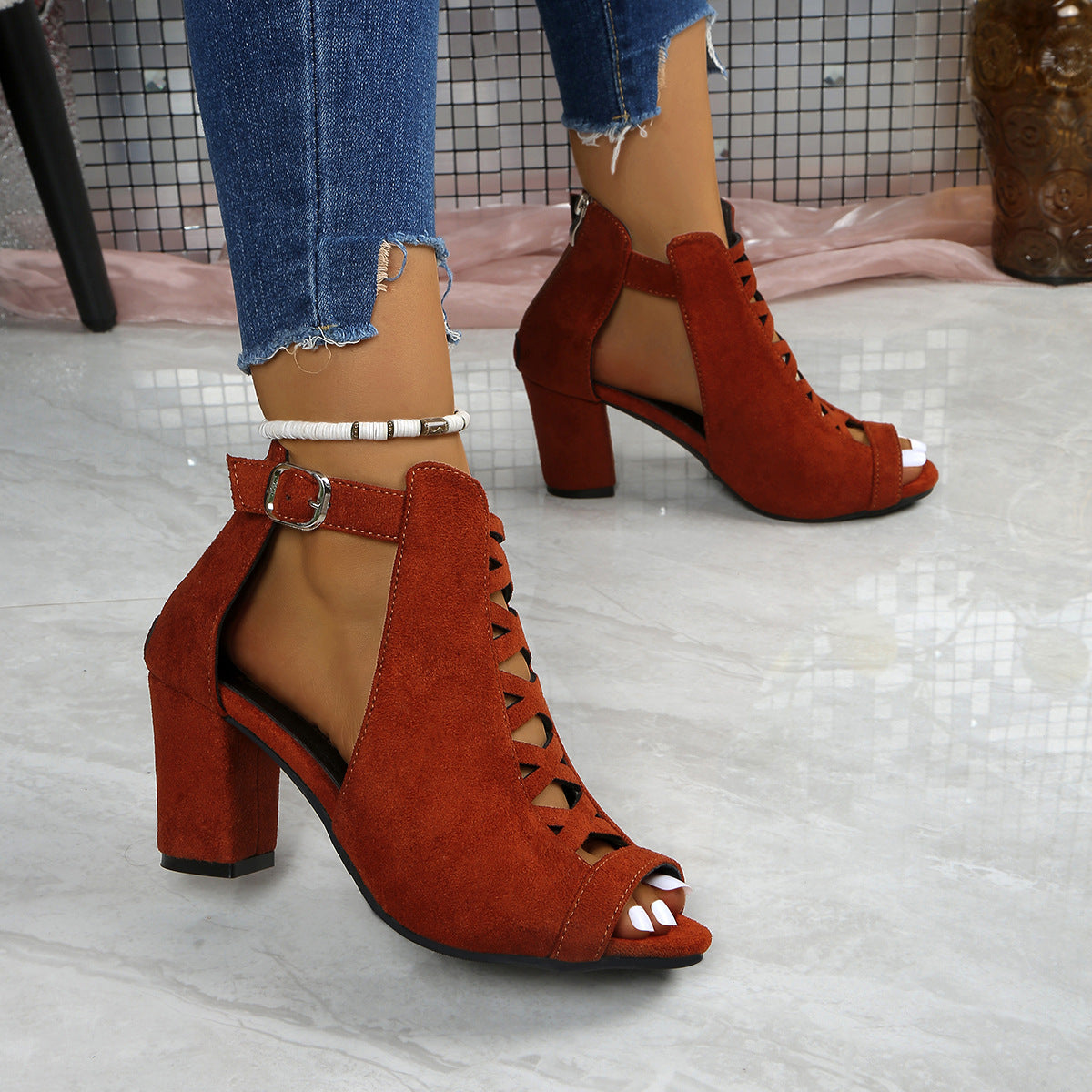 Fiorelle Women's Odette Suede Peep-Toe Cutout Bootie Sandals – Buckle Strap Chunky Heel Sophisticated Boot Sandals (US 3.5–11.5)
