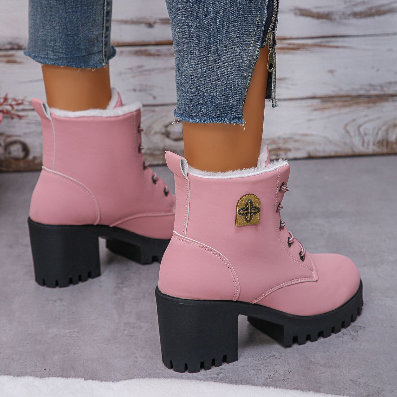 Fiorelle Women's Alpine Luxe Combat Boot - Chunky Sole Mid-Heel Weatherproof Ankle Boots with Faux Fur Lining & Classic Lace-Up Design (US 4-10)