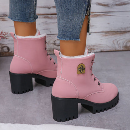 Fiorelle Women's Alpine Luxe Combat Boot - Chunky Sole Mid-Heel Weatherproof Ankle Boots with Faux Fur Lining & Classic Lace-Up Design (US 4-10)