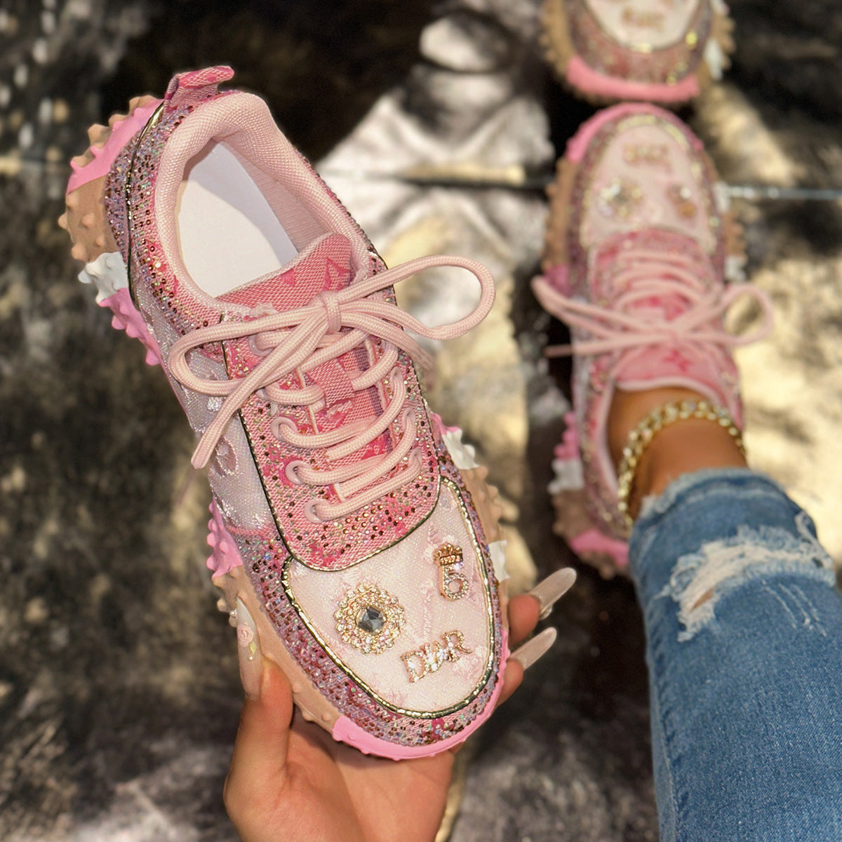 Fiorelle Women’s Lumira Embroidered Letter Mesh Platform Sneakers – Rhinestone Detail Chunky Sole Light Luxury Fashion Sneakers (US 4–10.5)