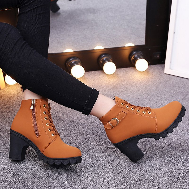 Fiorelle Women's Buckle Decorated Chunky Heel Ankle Boots - Side Zipper & Lace-Up Round Toe Mid-Calf Equestrian Boots (US 4-10)