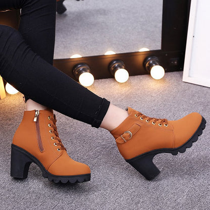 Fiorelle Women's Buckle Decorated Chunky Heel Ankle Boots - Side Zipper & Lace-Up Round Toe Mid-Calf Equestrian Boots (US 4-10)