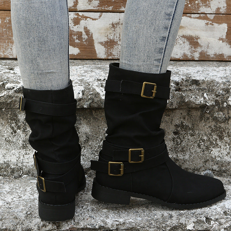 Fiorelle Women's Matte PU Buckle-Detailed Slouch Boots - Crushed Texture Stacked Mid-Calf Flat Boots (US 5-10.5)
