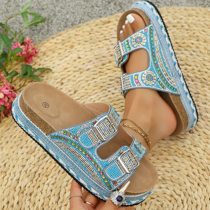 Fiorelle Women’s Calyra Rhinestone Platform Slide Sandals – Boho Metallic Buckle Rope Detail Resort Slides (US 5–10.5)