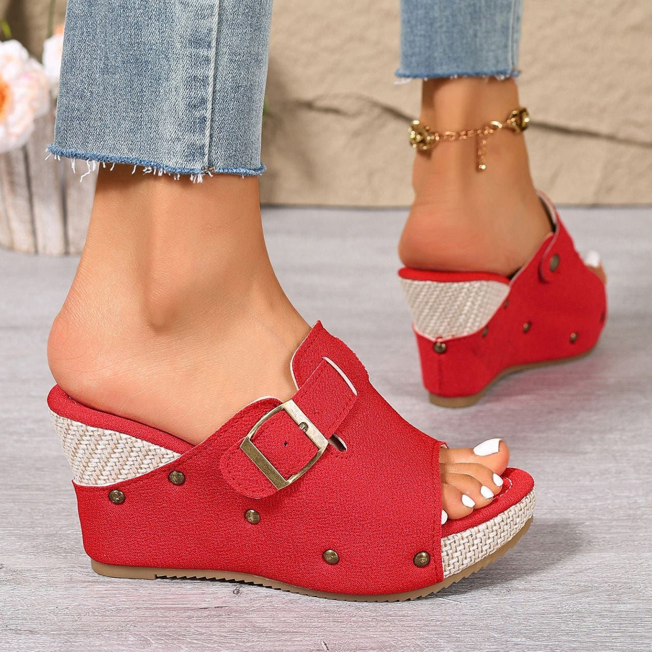 Fiorelle Women’s Sable Rivet Velcro Platform Wedge Sandals – Chunky Studded Slides with Adjustable Strap (US 4–10.5)