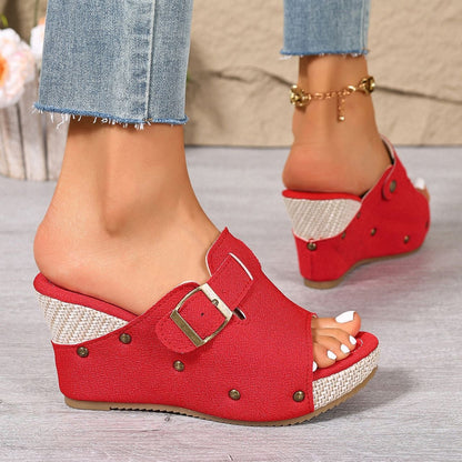 Fiorelle Women’s Sable Rivet Velcro Platform Wedge Sandals – Chunky Studded Slides with Adjustable Strap (US 4–10.5)