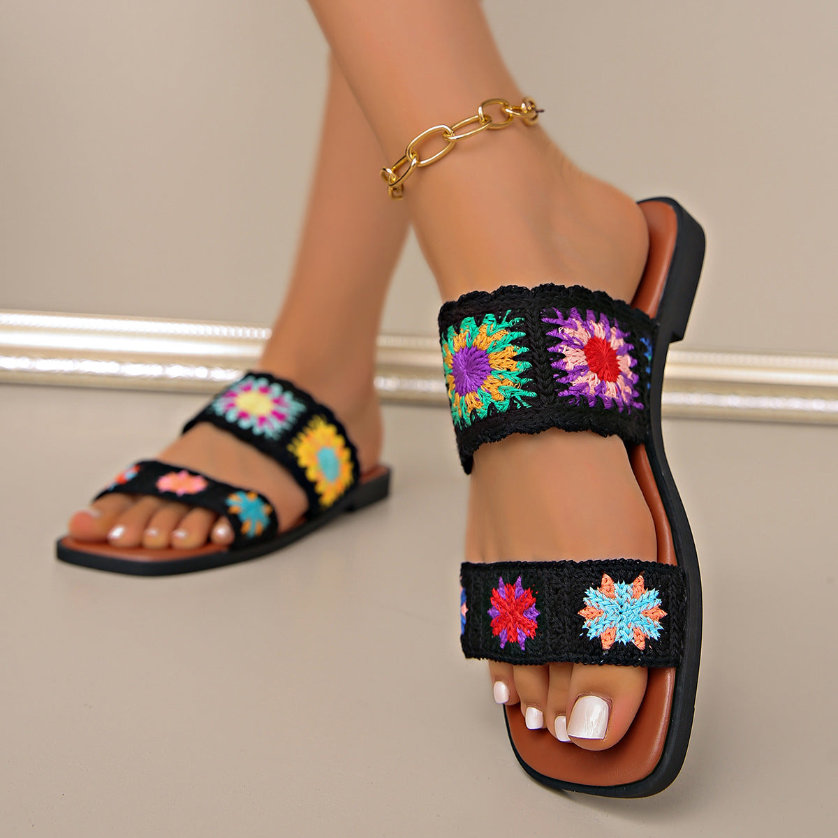 Fiorelle Women’s SunBloom Knit Flat Slides – Square-Toe Boho Embroidered Sandals (US 5–10)