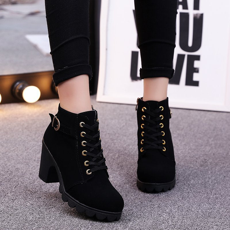 Fiorelle Women's Buckle Decorated Chunky Heel Ankle Boots - Side Zipper & Lace-Up Round Toe Mid-Calf Equestrian Boots (US 4-10)