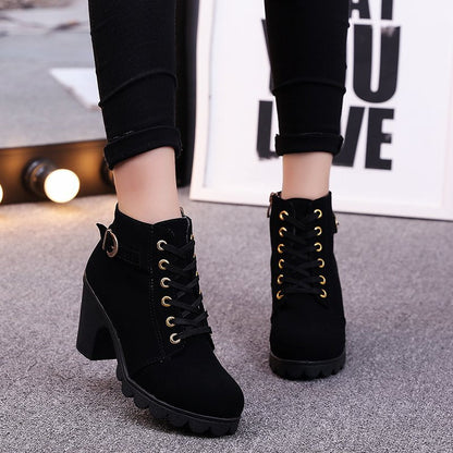 Fiorelle Women's Buckle Decorated Chunky Heel Ankle Boots - Side Zipper & Lace-Up Round Toe Mid-Calf Equestrian Boots (US 4-10)