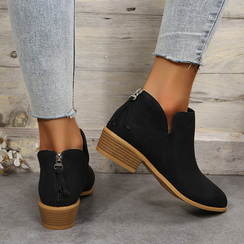Fiorelle Plus Size Women's British-Inspired Solid-Color Pointed Toe Casual Fashion Boots with Rear Zipper & Low Chunky Hee