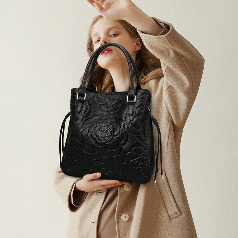 Fiorelle Women's Heritage Grain Tote - Full-Grain Leather Statement Carry with Hand-Pressed Motifs & Timeless Silhouette
