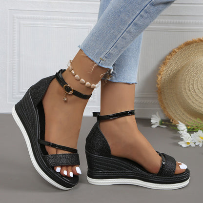 Fiorelle Women's Plus Size Rhinestone Platform Sandals – Peep-Toe Wedge Heel with Adjustable Ankle Strap, Chunky Beach Wedding Shoes