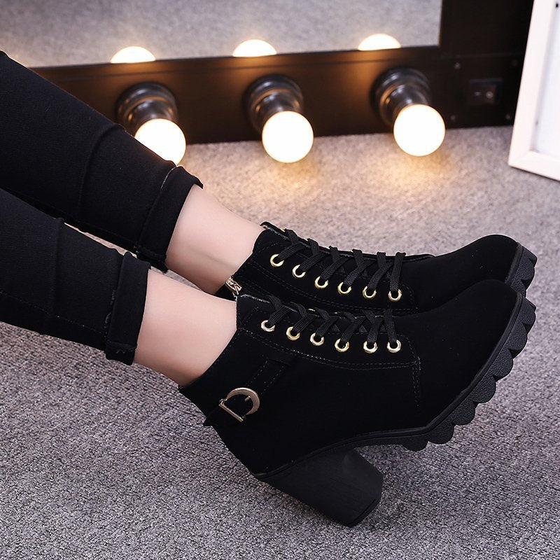 Fiorelle Women's Buckle Decorated Chunky Heel Ankle Boots - Side Zipper & Lace-Up Round Toe Mid-Calf Equestrian Boots (US 4-10)