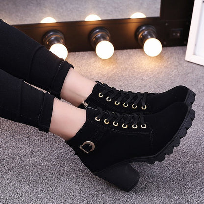 Fiorelle Women's Buckle Decorated Chunky Heel Ankle Boots - Side Zipper & Lace-Up Round Toe Mid-Calf Equestrian Boots (US 4-10)